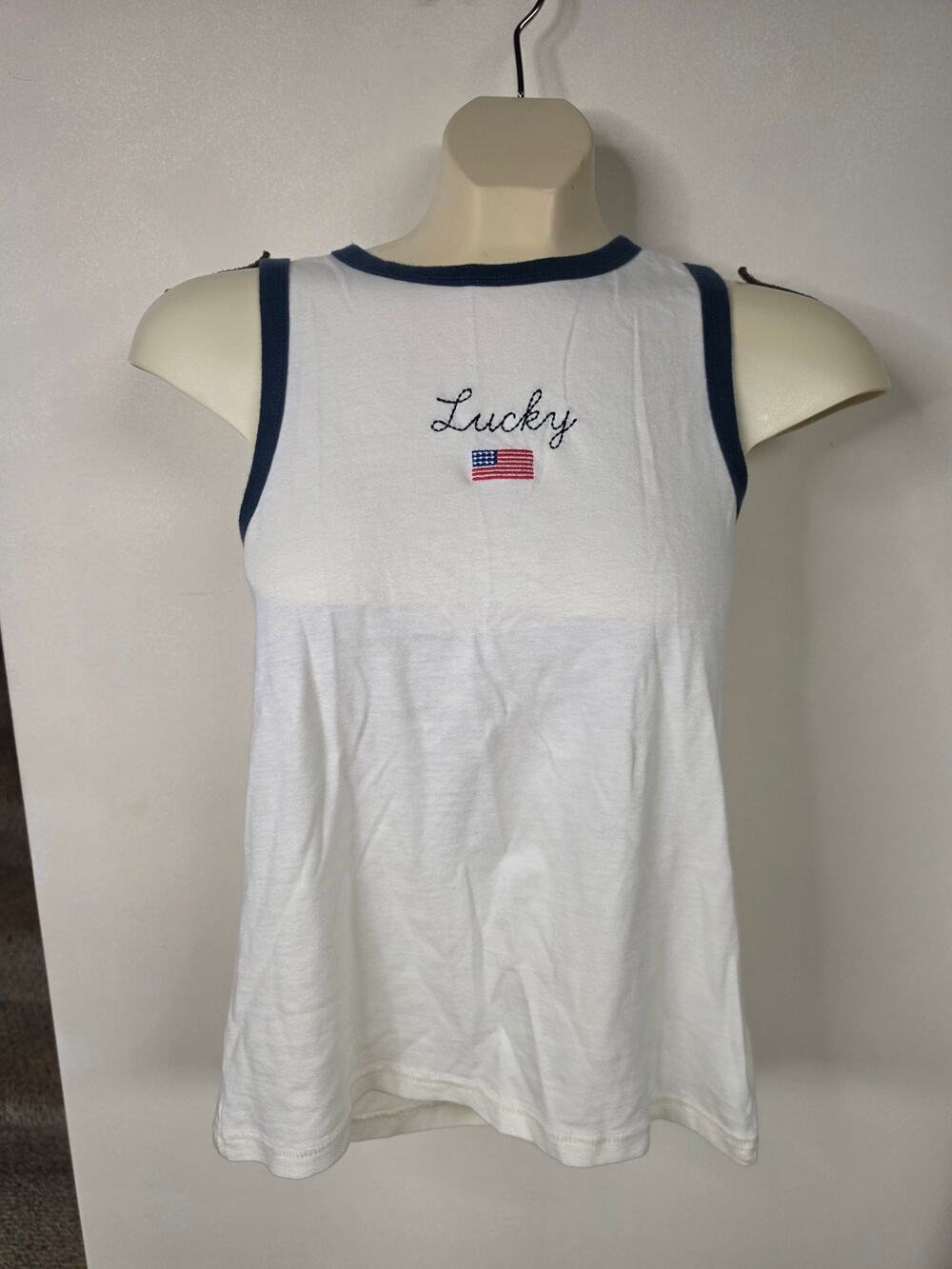 NWOT Lucky Brand Lucky American Flag Embroidered Ringer Tank Top S 0047